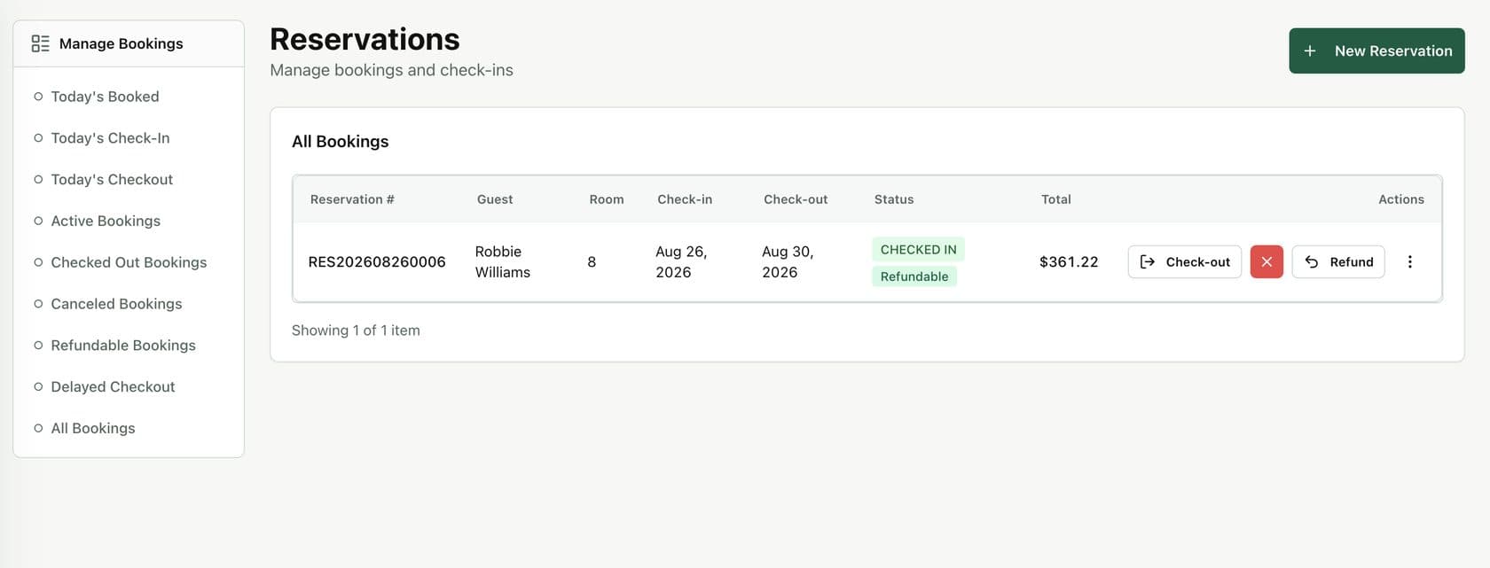 Hotel Management System reservations table with check-in, check-out and refund controls
