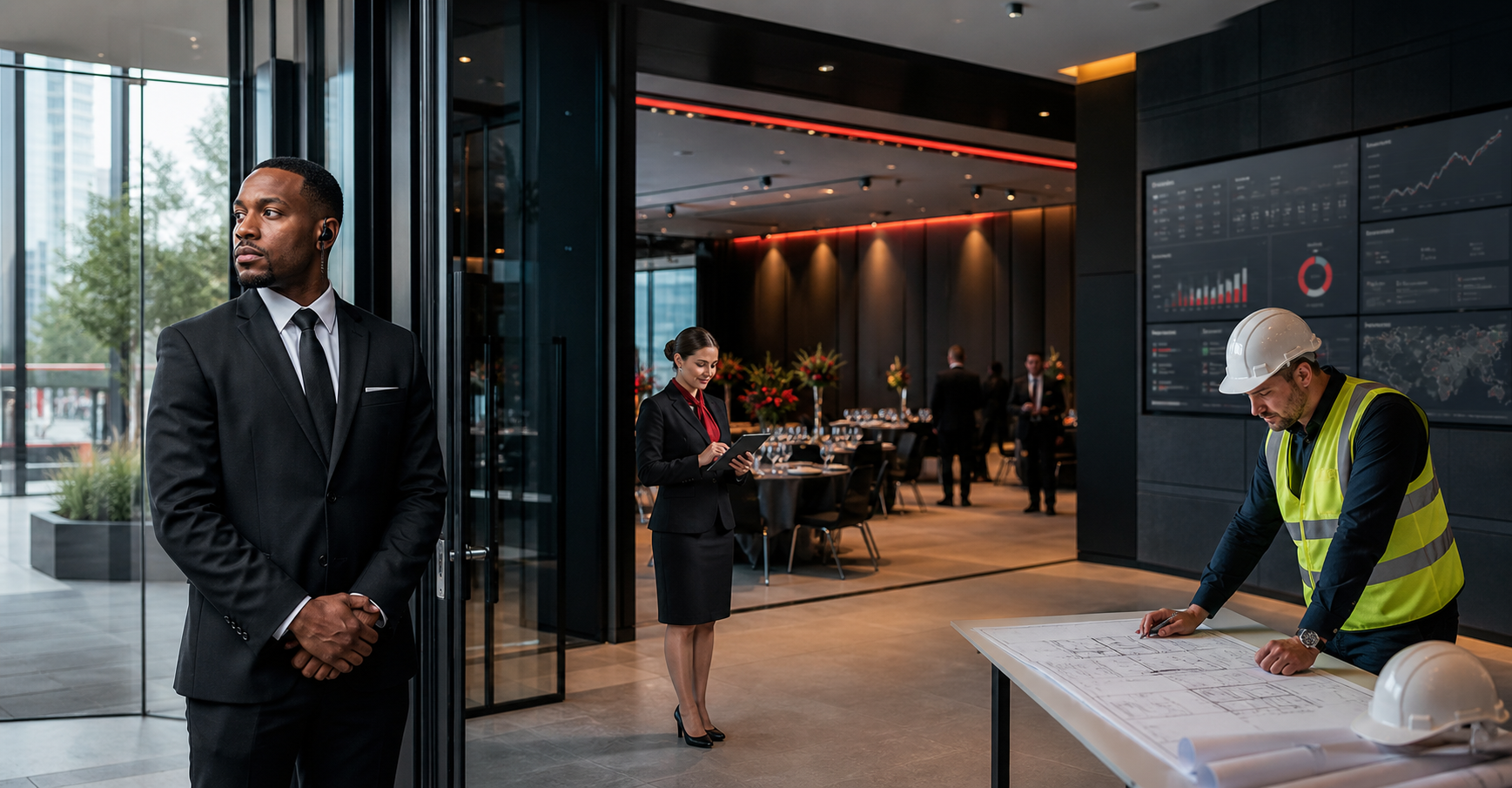 Professional corporate security officer at a modern building entrance
